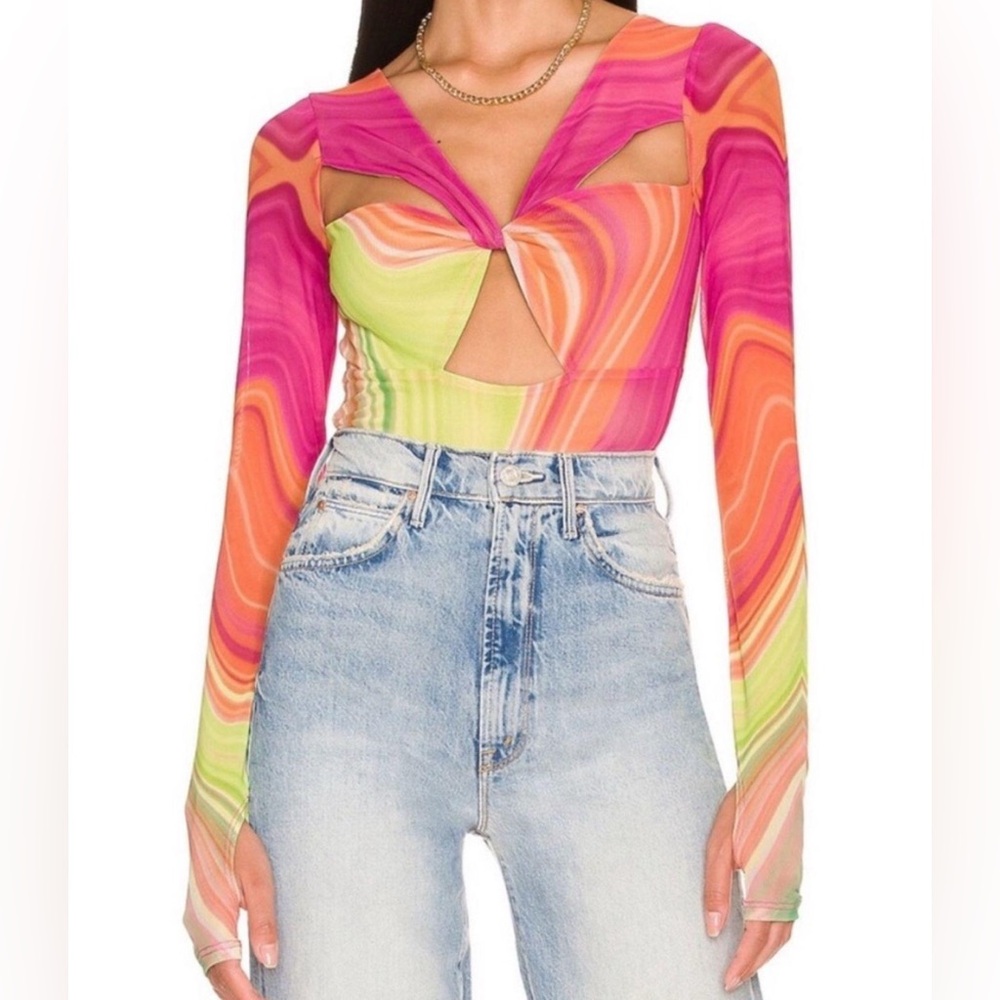 AFRM Roshni Top in Abstract Spring Wave Pink Size S